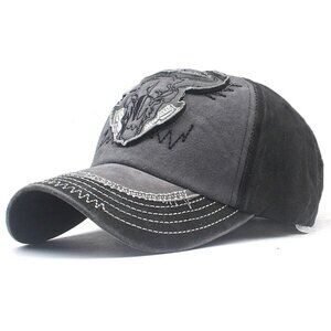 Distressed Baseball Cap with Bull Skull Embroidery, Black, Gray Adjustable Fit